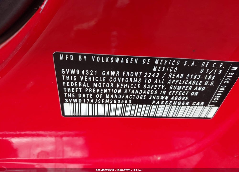 2015 VOLKSWAGEN JETTA VIN: 3VWD17AJ9FM283550