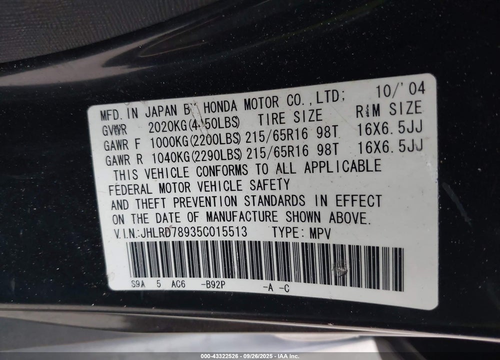 2005 HONDA CR-V SE VIN: JHLRD78935C015513