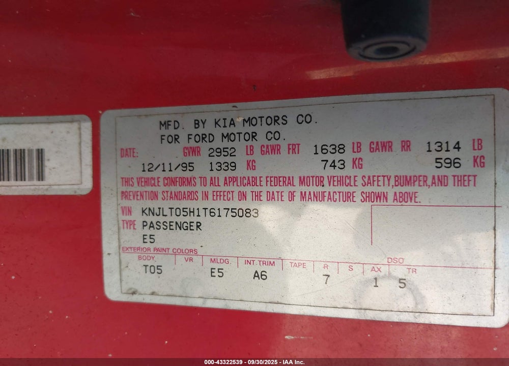 1996 FORD ASPIRE VIN: KNJLT05H1T6175083