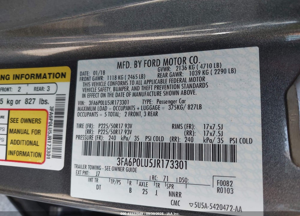 2018 FORD FUSION VIN: 3FA6P0LU5JR173301