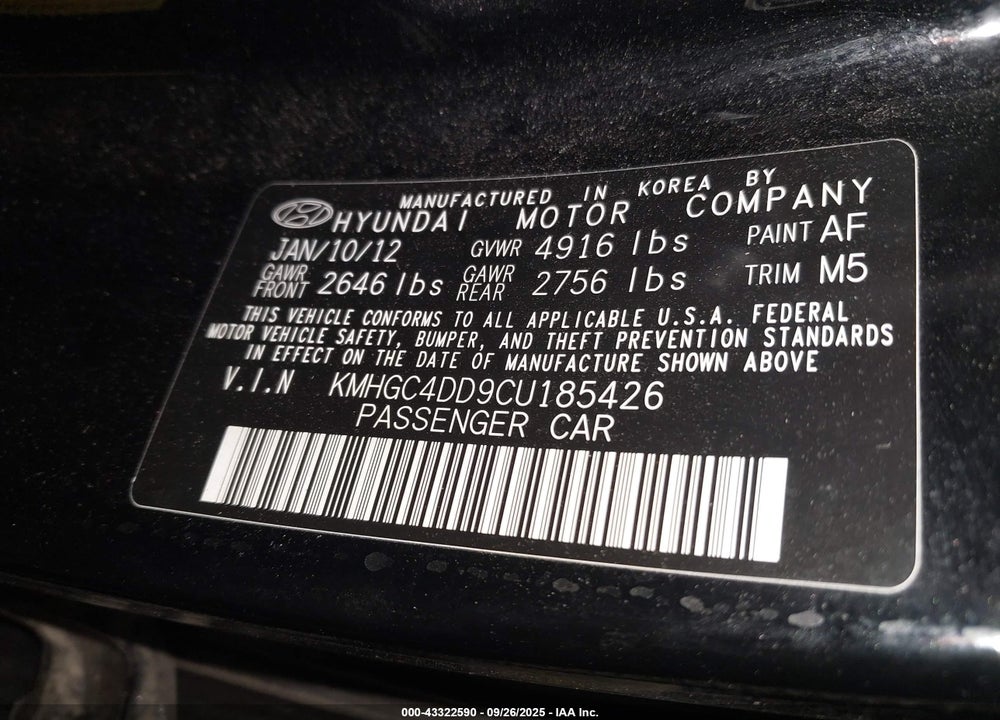 2012 HYUNDAI GENESIS VIN: KMHGC4DD9CU185426