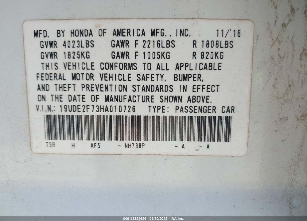 2017 ACURA ILX PREMIUM PACKAGE/TECHNOLOGY PLUS PACKAGE VIN: 19UDE2F73HA010726