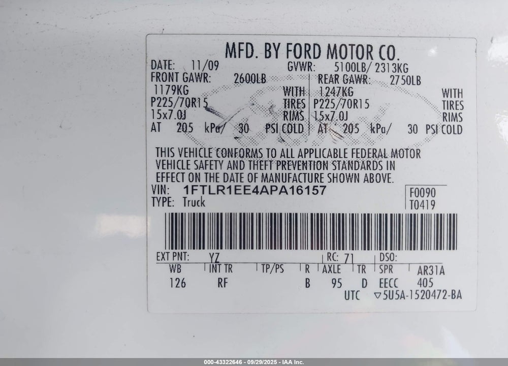 2010 FORD RANGER VIN: 1FTLR1EE4APA16157