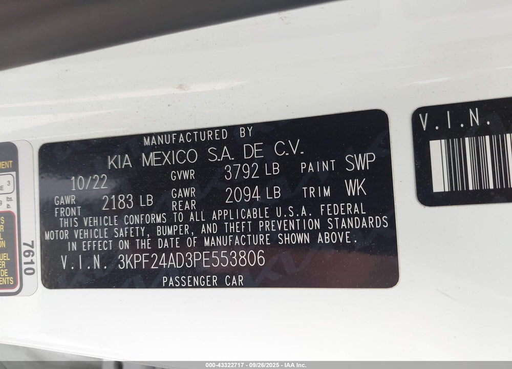 2023 KIA FORTE LXS VIN: 3KPF24AD3PE553806