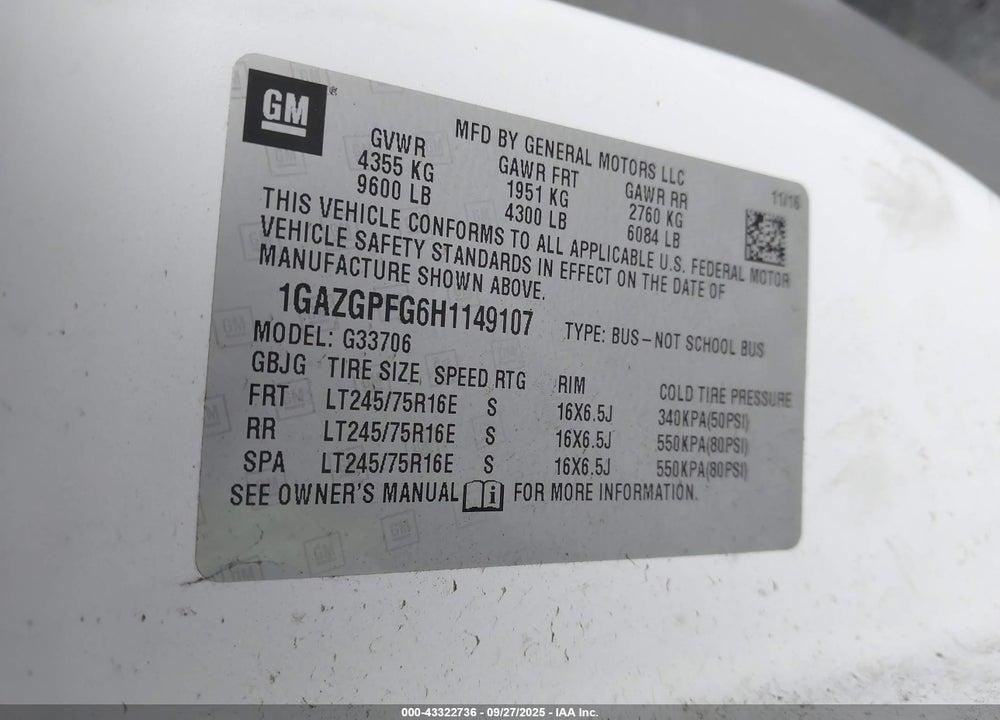 2017 CHEVROLET EXPRESS 3500 VIN: 1GAZGPFG6H1149107