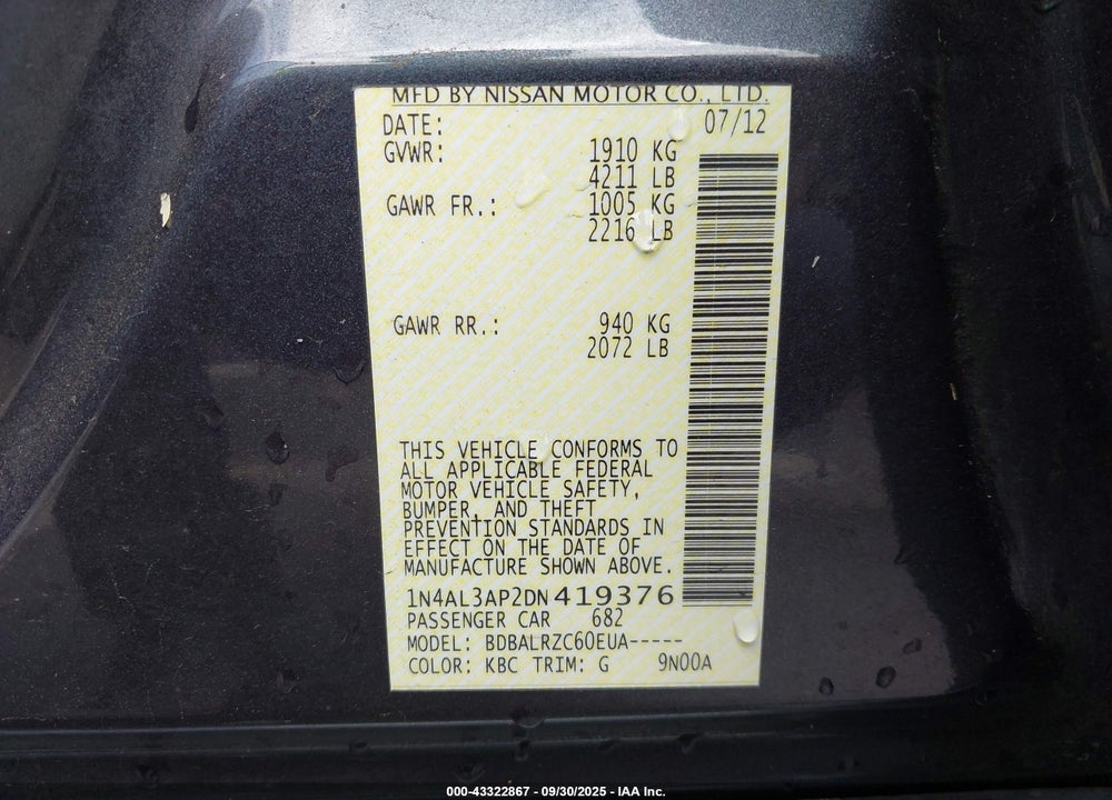 2013 NISSAN ALTIMA VIN: 1N4AL3AP2DN419376
