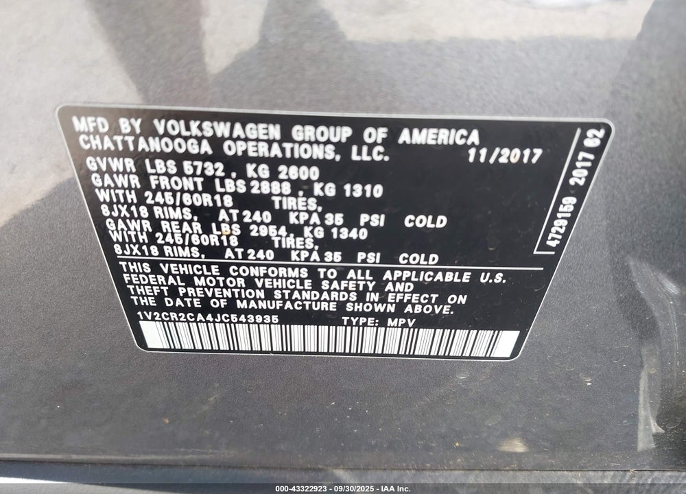 2018 VOLKSWAGEN ATLAS 3.6L V6 SE VIN: 1V2CR2CA4JC543935