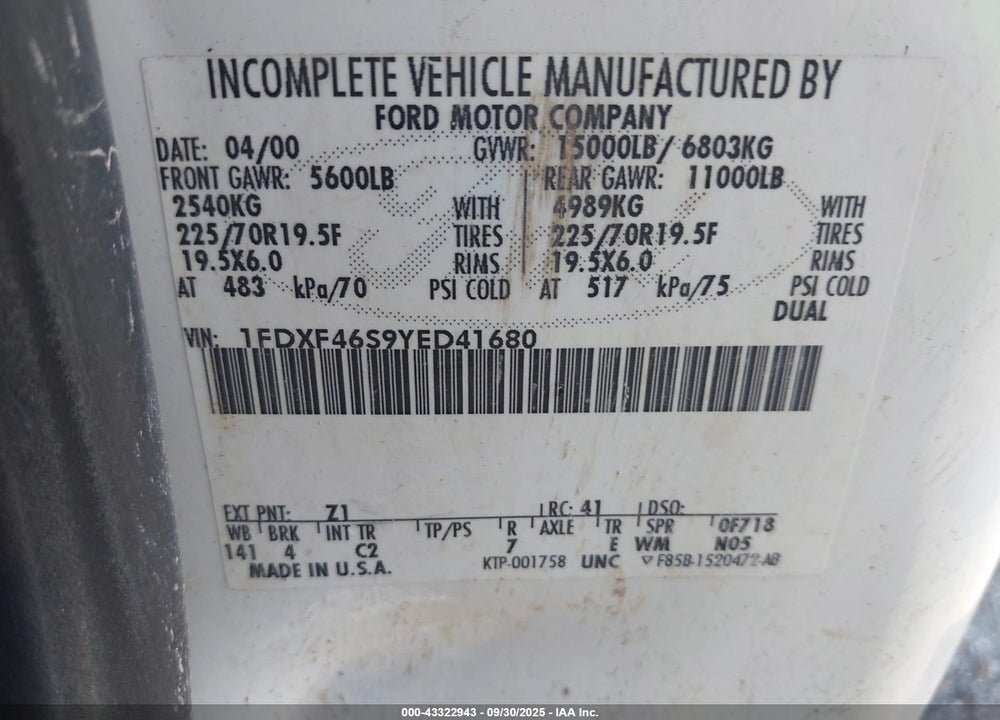 2000 FORD F-450 VIN: 1FDXF46S9YED41680