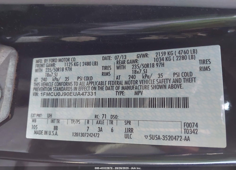2014 FORD ESCAPE TITANIUM VIN: 1FMCU0J90EUA47331