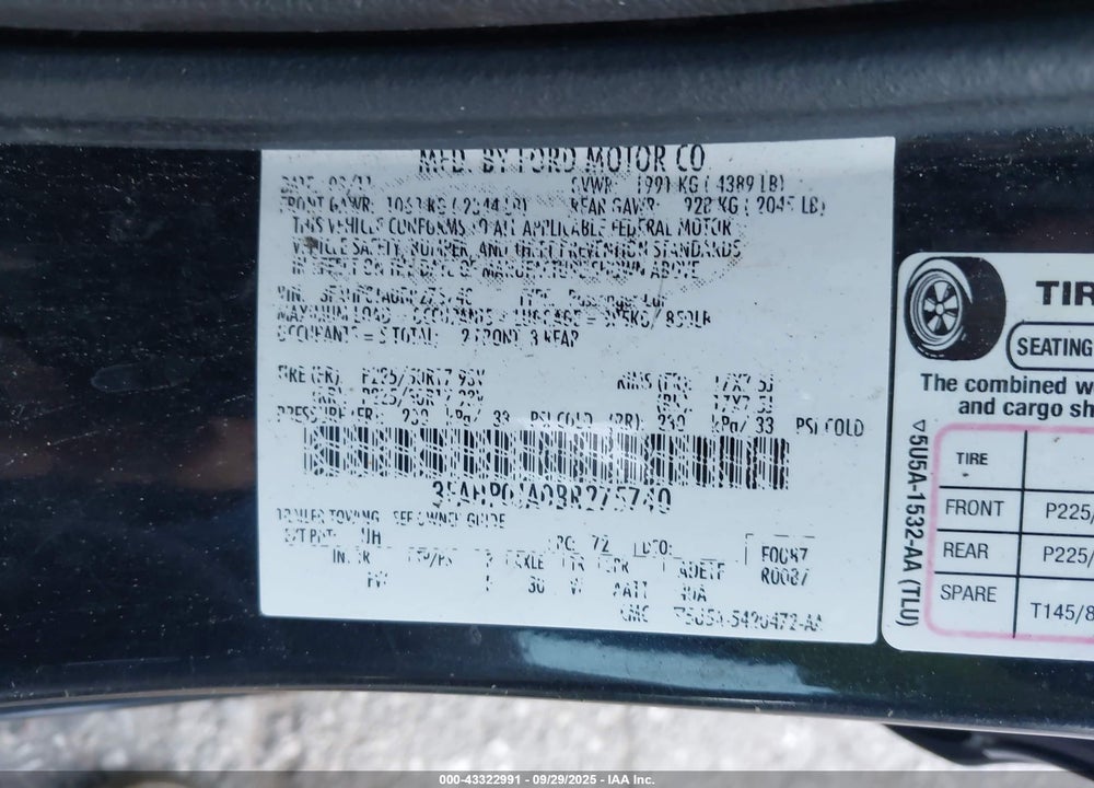 2011 FORD FUSION SEL VIN: 3FAHP0JA0BR275740