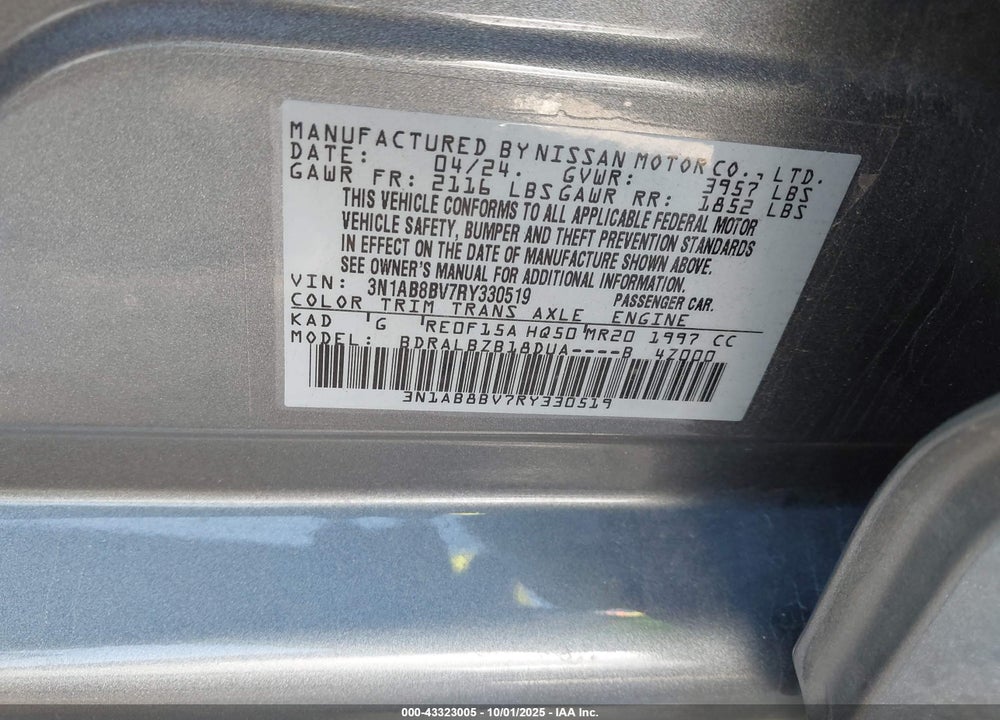 2024 NISSAN SENTRA S XTRONIC CVT VIN: 3N1AB8BV7RY330519