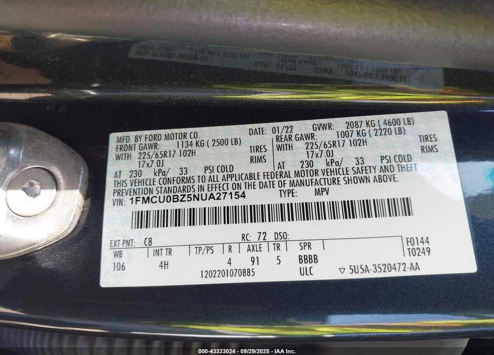 2022 FORD ESCAPE SE HYBRID VIN: 1FMCU0BZ5NUA27154