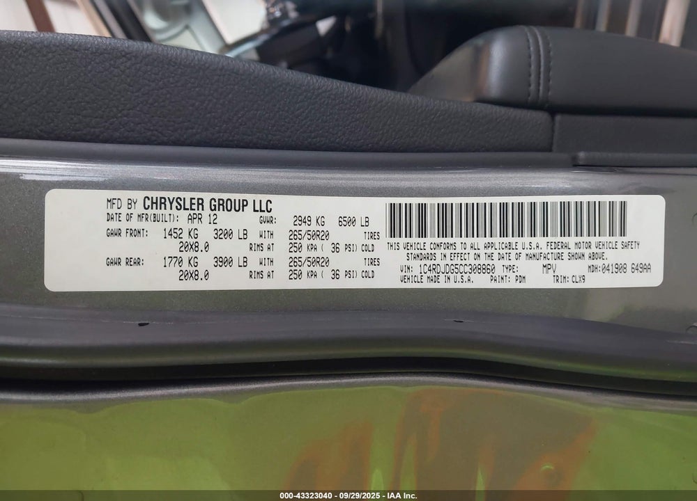 2012 DODGE DURANGO VIN: 1C4RDJDG5CC308860