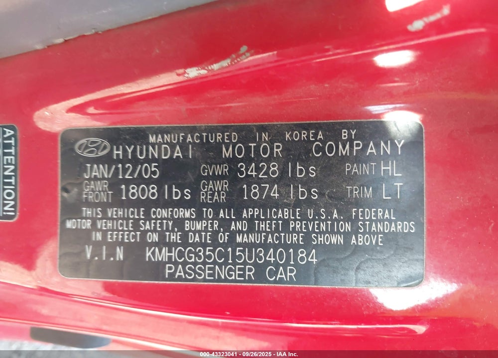 2005 HYUNDAI ACCENT GLS/GT VIN: KMHCG35C15U340184
