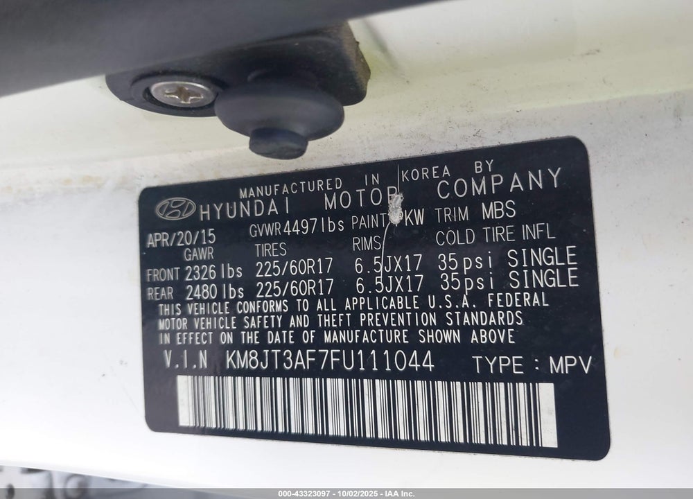 2015 HYUNDAI TUCSON VIN: KM8JT3AF7FU111044
