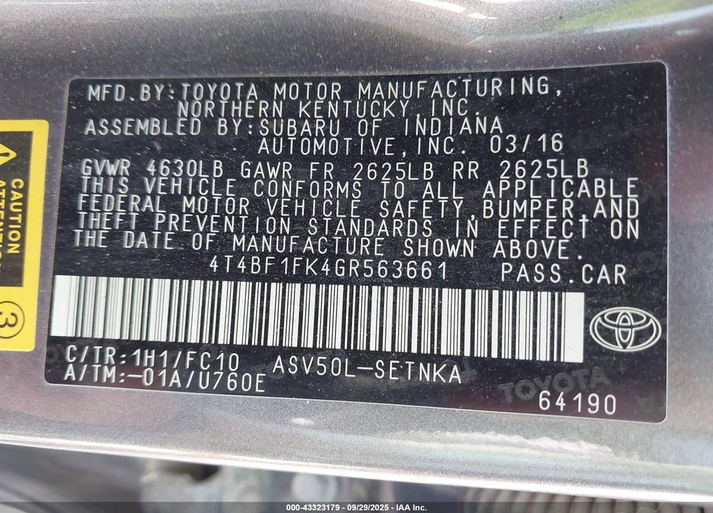 2016 TOYOTA CAMRY VIN: 4T4BF1FK4GR563661