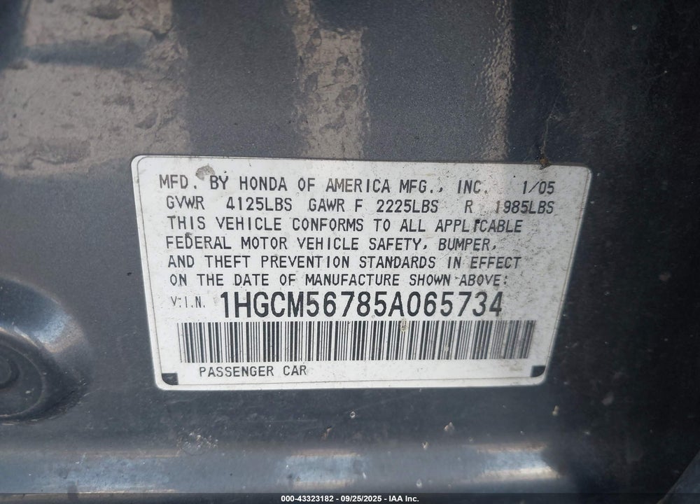2005 HONDA ACCORD 2.4 EX VIN: 1HGCM56785A065734