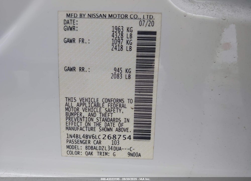 2020 NISSAN ALTIMA VIN: 1N4BL4BV6LC268754
