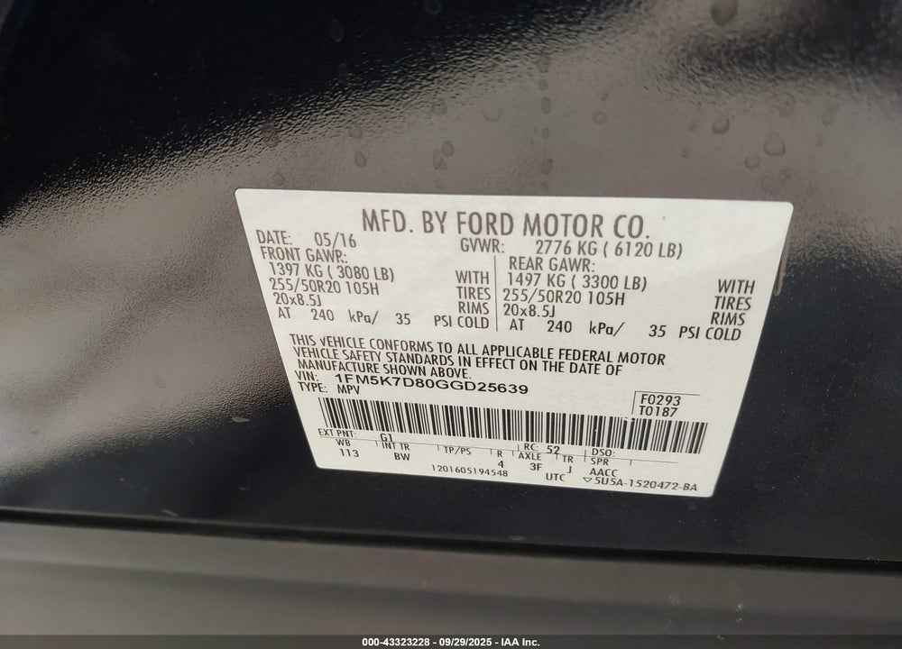 2016 FORD EXPLORER VIN: 1FM5K7D80GGD25639