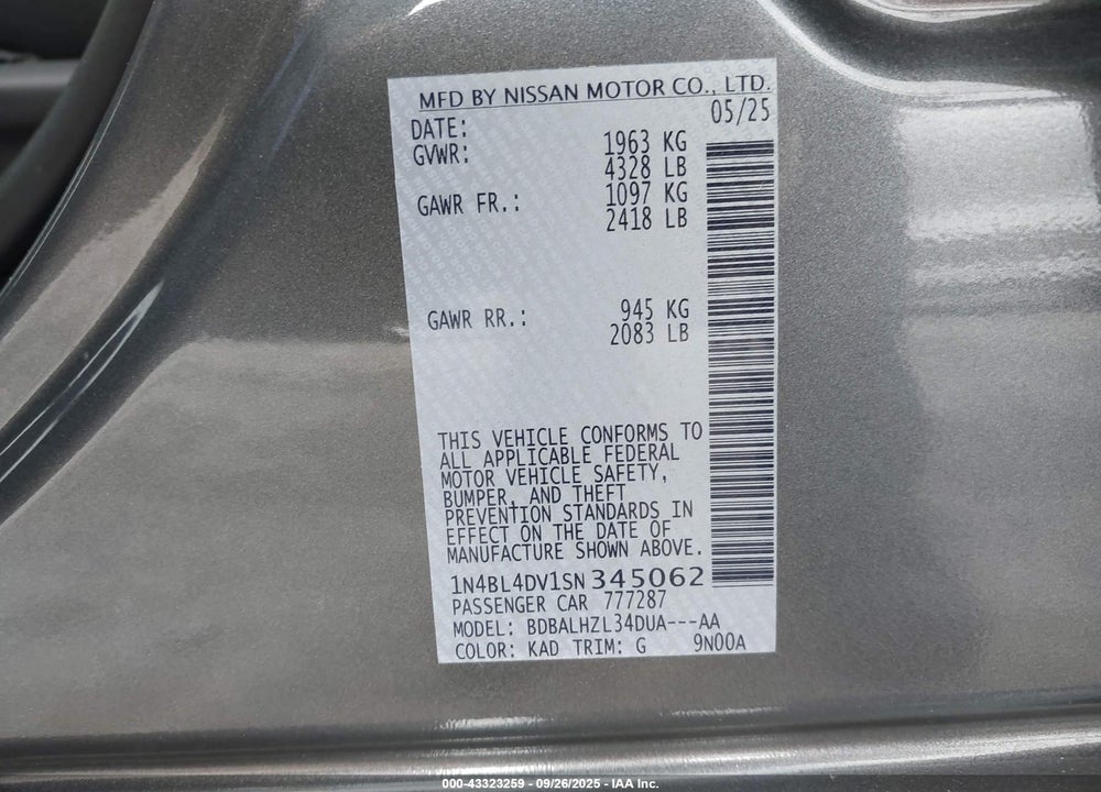 2025 NISSAN ALTIMA VIN: 1N4BL4DV1SN345062