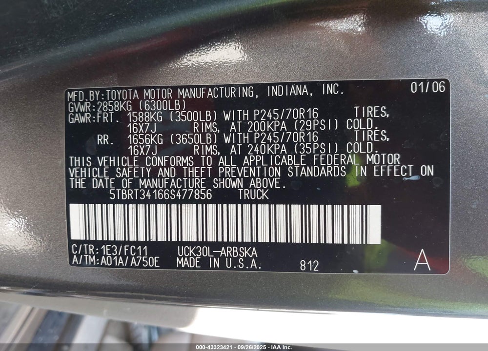 2006 TOYOTA TUNDRA SR5 V8 VIN: 5TBRT34166S477856