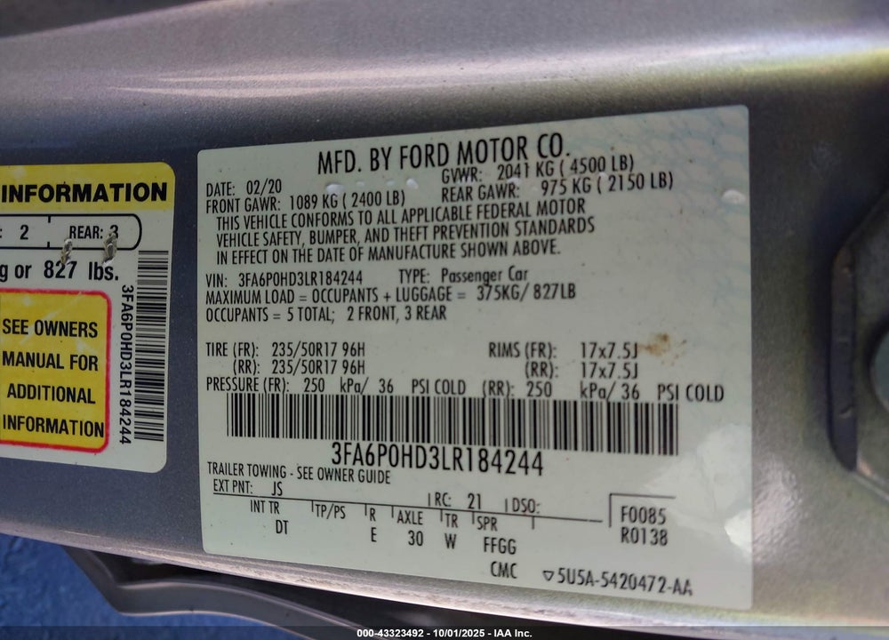 2020 FORD FUSION VIN: 3FA6P0HD3LR184244