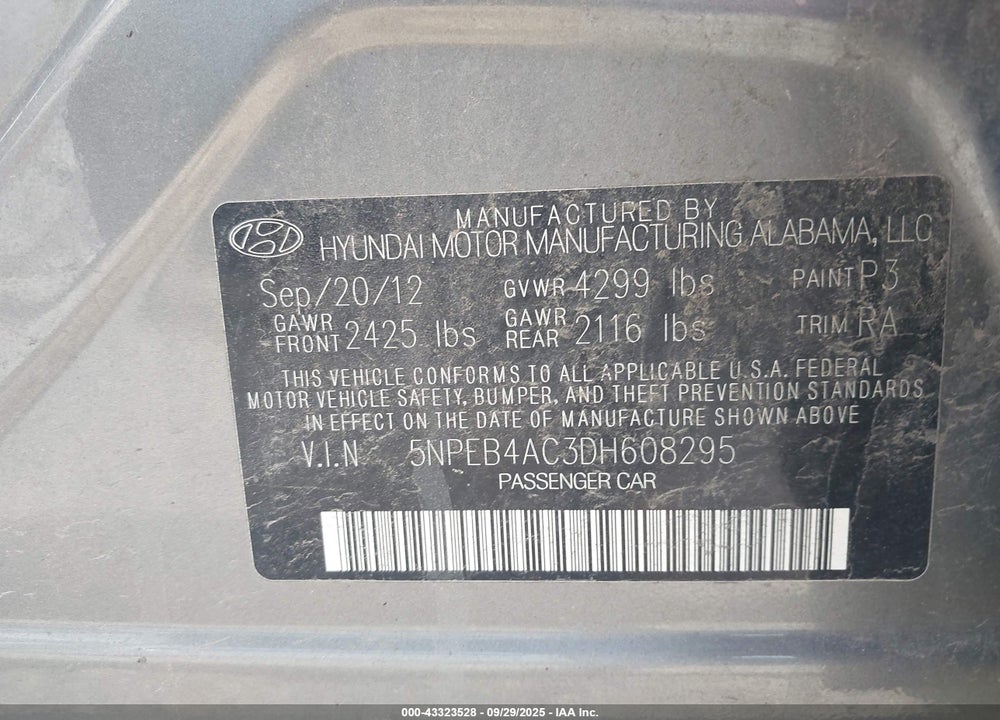 2013 HYUNDAI SONATA VIN: 5NPEB4AC3DH608295