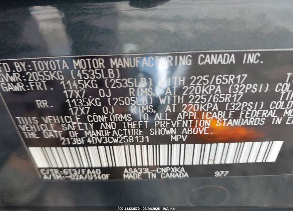 2012 TOYOTA RAV4 VIN: 2T3BF4DV3CW258131