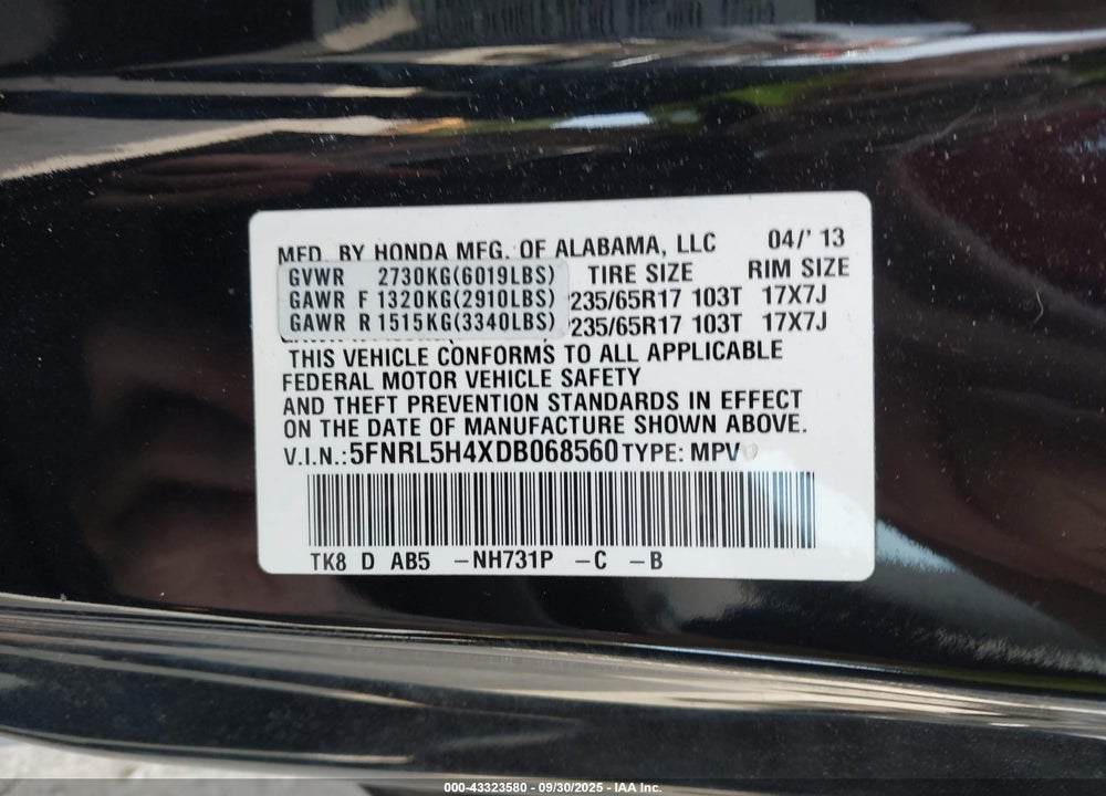 2013 HONDA ODYSSEY EX VIN: 5FNRL5H4XDB068560