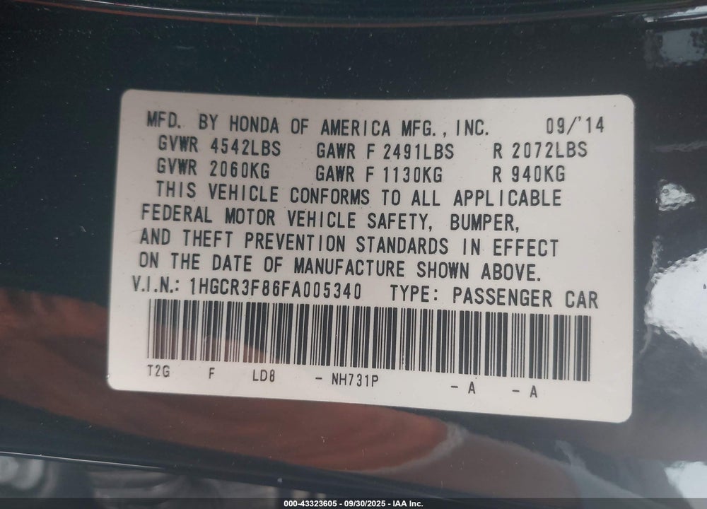 2015 HONDA ACCORD EX-L V-6 VIN: 1HGCR3F86FA005340