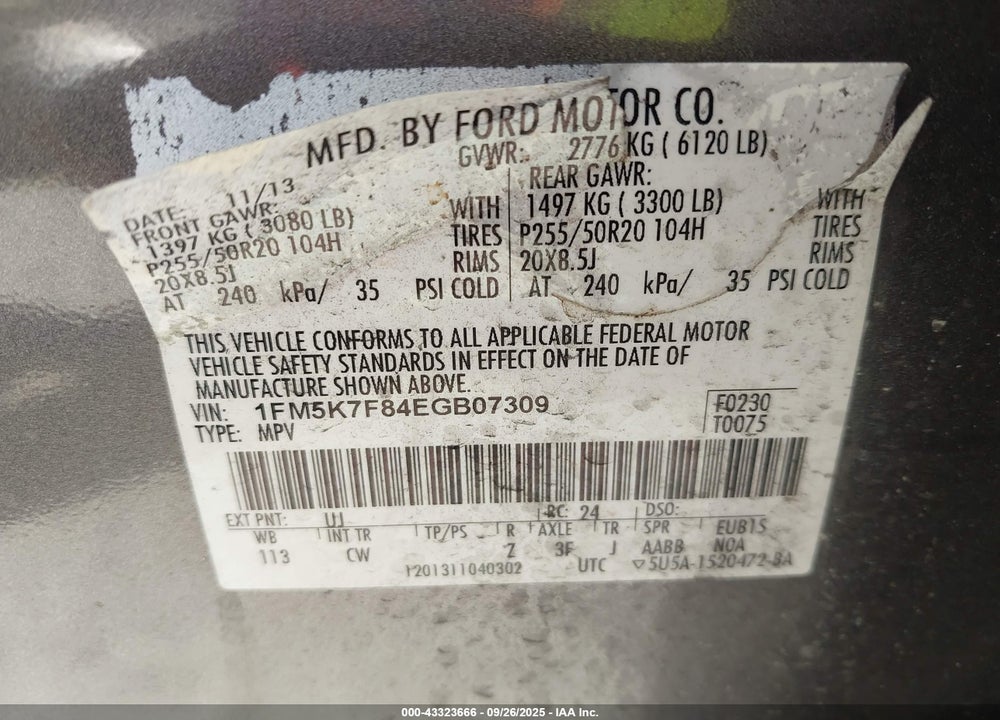 2014 FORD EXPLORER LIMITED VIN: 1FM5K7F84EGB07309