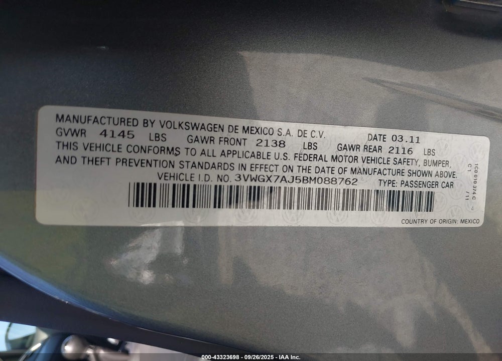 2011 VOLKSWAGEN JETTA 2.5L SEL VIN: 3VWGX7AJ5BM088762