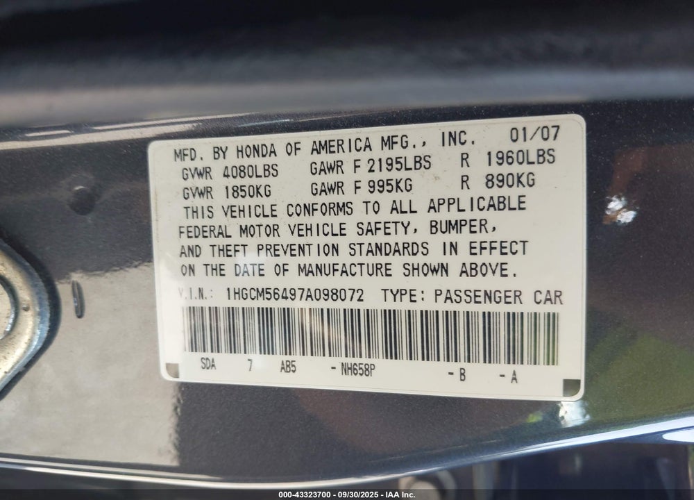 2007 HONDA ACCORD 2.4 LX VIN: 1HGCM56497A098072