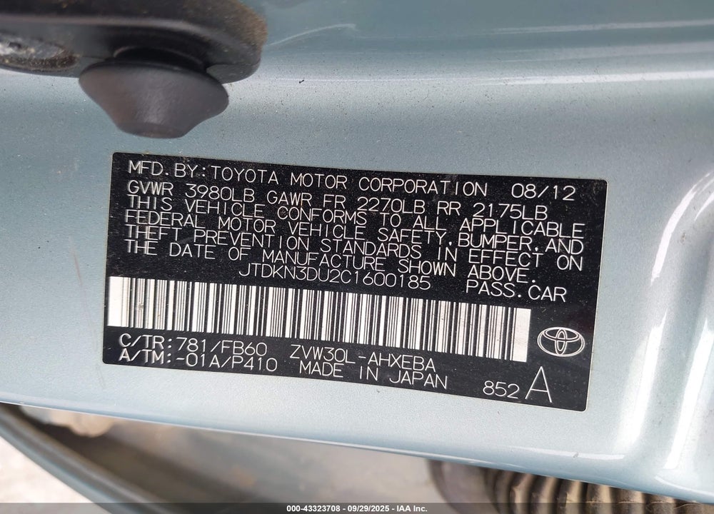 2012 TOYOTA PRIUS VIN: JTDKN3DU2C1600185