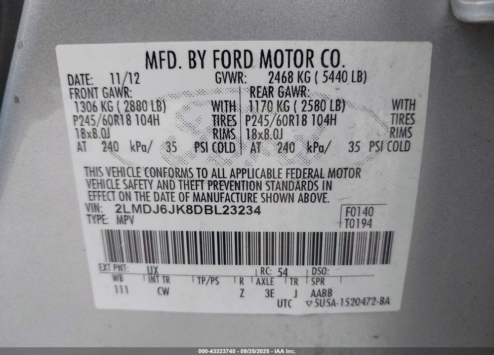 2013 LINCOLN MKX VIN: 2LMDJ6JK8DBL23234