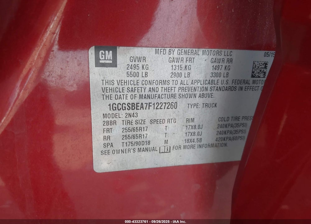 2015 CHEVROLET COLORADO LT VIN: 1GCGSBEA7F1227260