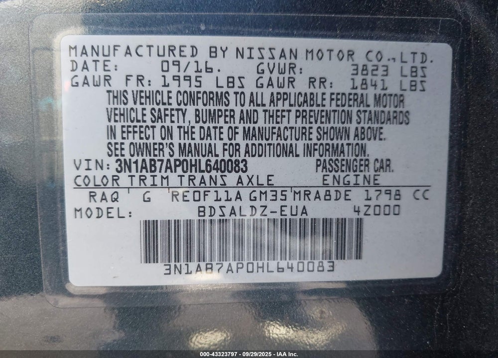 2017 NISSAN SENTRA SV VIN: 3N1AB7AP0HL640083