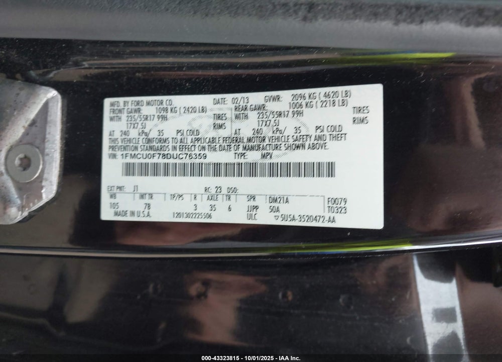 2013 FORD ESCAPE VIN: 1FMCU0F78DUC76359