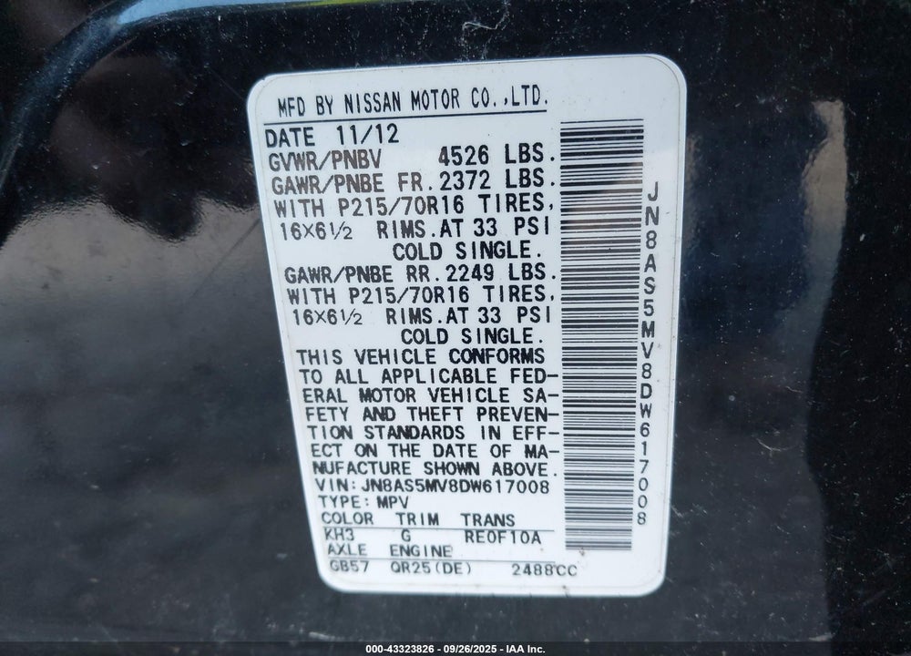 2013 NISSAN ROGUE S VIN: JN8AS5MV8DW617008