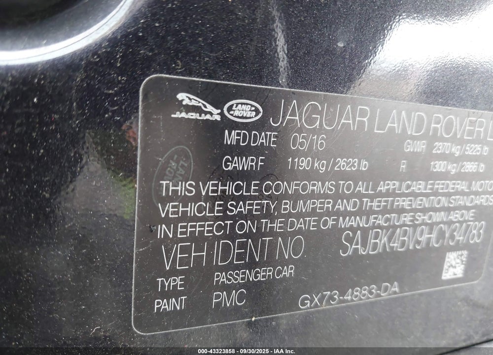 2017 JAGUAR XF 35T PRESTIGE VIN: SAJBK4BV9HCY34783