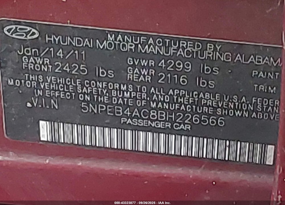 2011 HYUNDAI SONATA GLS VIN: 5NPEB4AC8BH226566