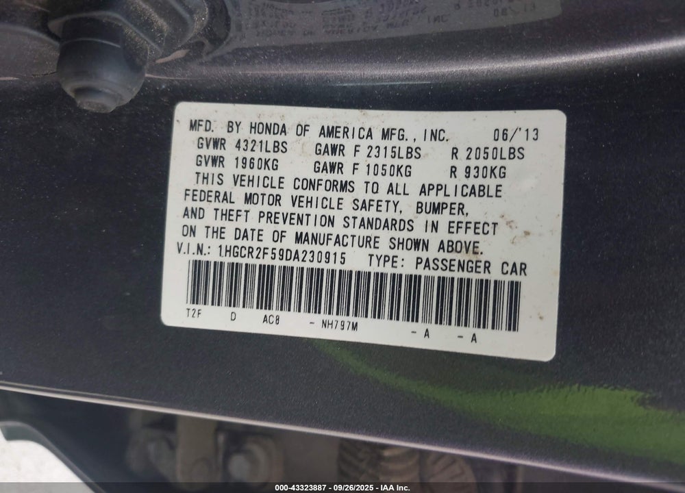 2013 HONDA ACCORD SPORT VIN: 1HGCR2F59DA230915