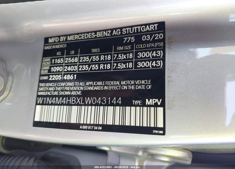 2020 MERCEDES-BENZ GLB 250 4MATIC VIN: W1N4M4HBXLW043144