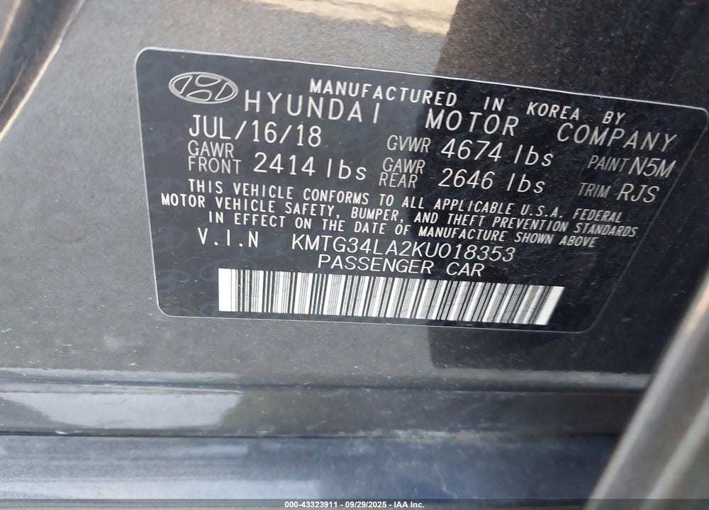 2019 GENESIS G70 VIN: KMTG34LA2KU018353