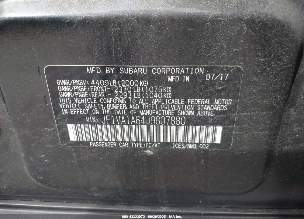 2018 SUBARU WRX VIN: JF1VA1A64J9807880