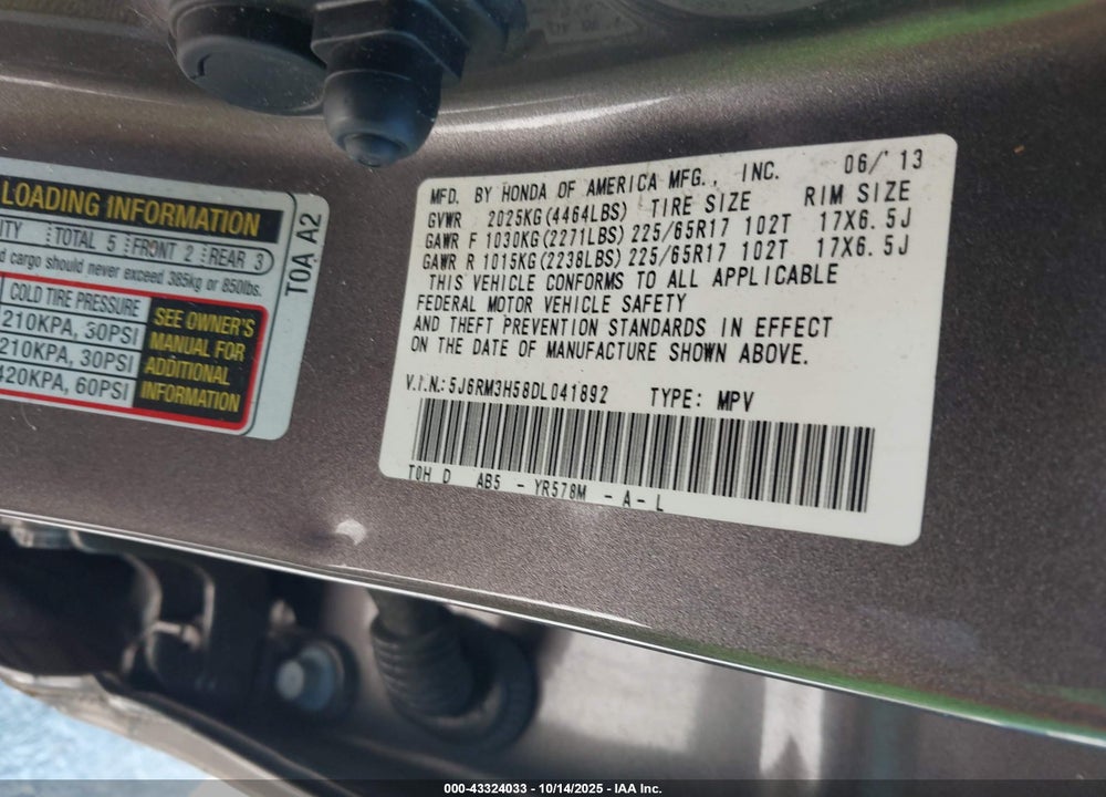 2013 HONDA CR-V EX VIN: 5J6RM3H58DL041892
