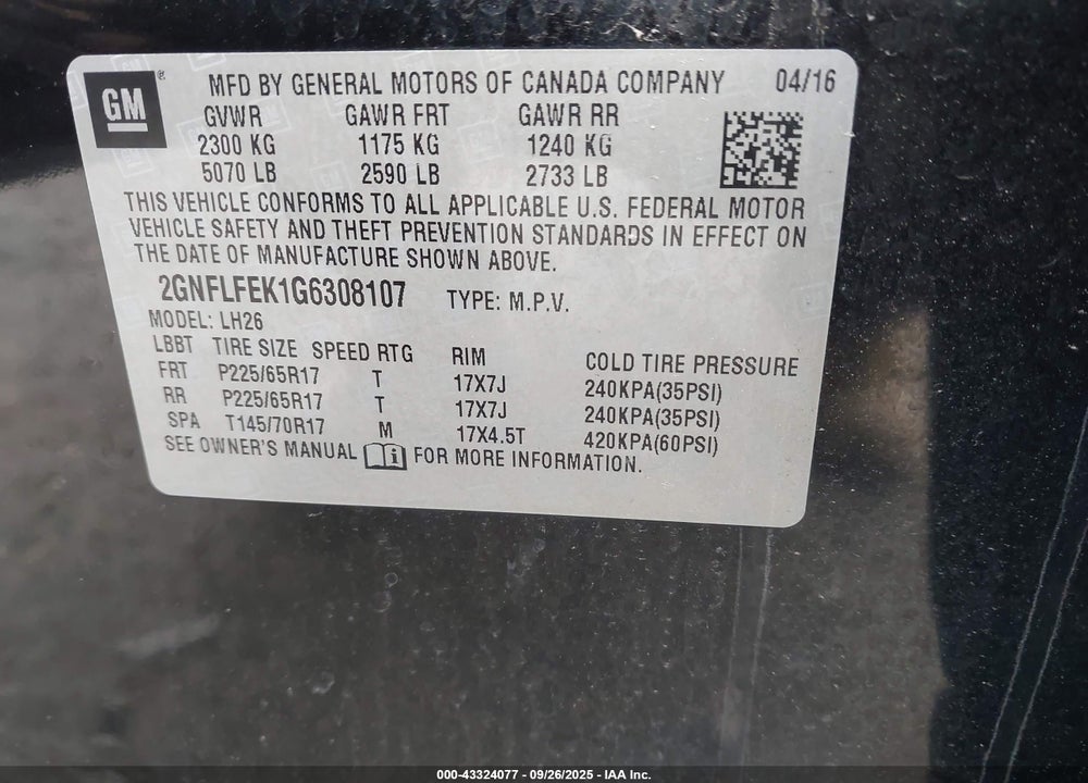2016 CHEVROLET EQUINOX LT VIN: 2GNFLFEK1G6308107