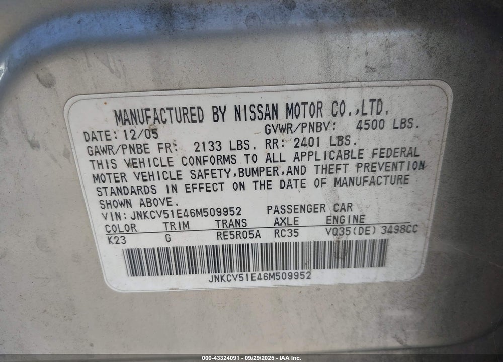 2006 INFINITI G35 VIN: JNKCV51E46M509952