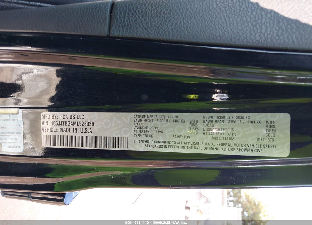 2021 JEEP GLADIATOR VIN: 1C6JJTBG4ML526026