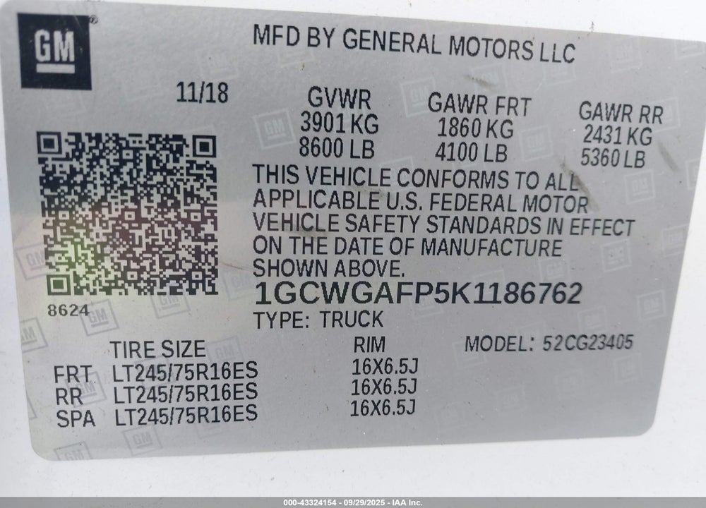 2019 CHEVROLET EXPRESS 2500 WORK VAN VIN: 1GCWGAFP5K1186762